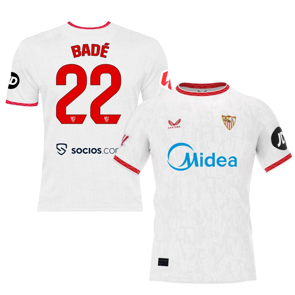 Sevilla Kits Shop – Exclusive badé white first shirt for kids 2425 Collection – Sevilla FC Apparel and Gear Collection for Fans