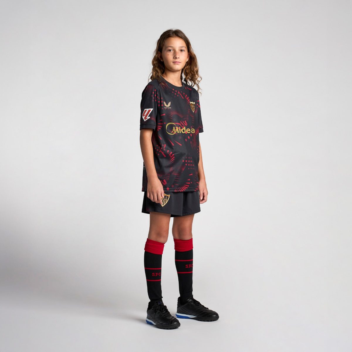 Sevilla Kits Shop – Exclusive black third boys t-shirt 2425 Collection – Sevilla FC Apparel and Gear Collection for Fans