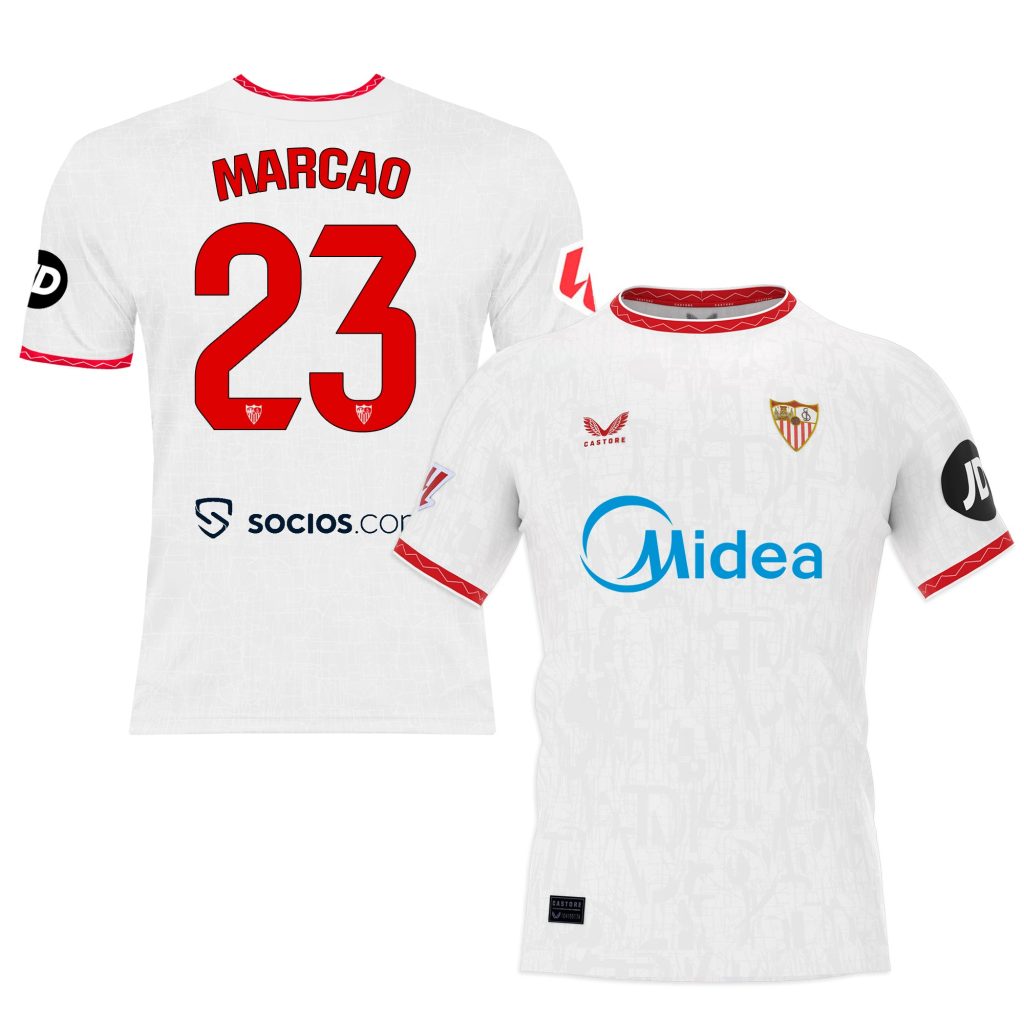 Sevilla Kits Shop – Exclusive marcao white first shirt for kids 2425 Collection – Sevilla FC Apparel and Gear Collection for Fans